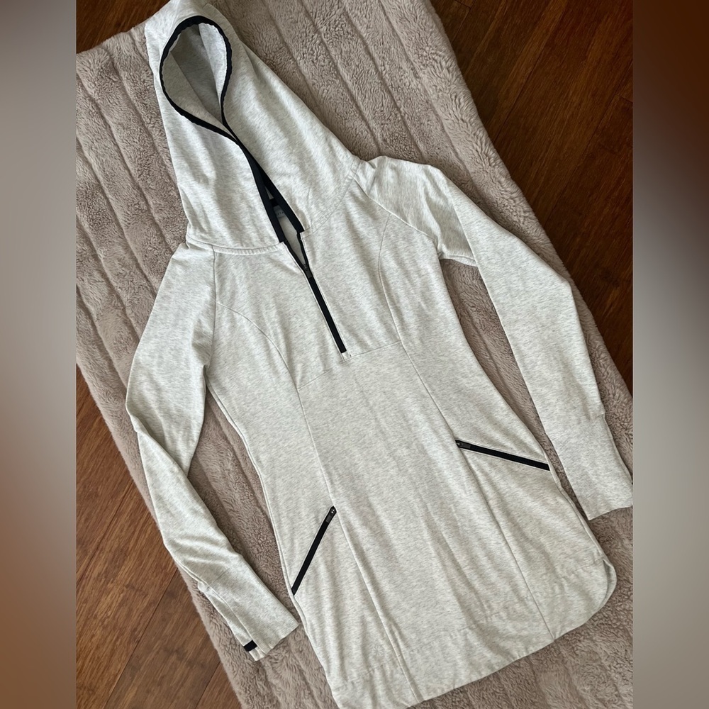 Athleta Dress Athleisure Heather Gray Black Zipper Trim Hooded Mini SZ XS Active - Picture 7 of 9